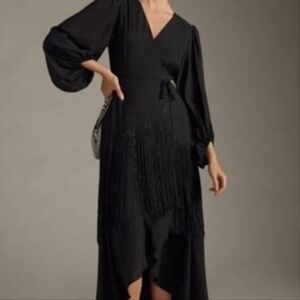 NWT Anthropologie Hutch Nina black fringe wrap midi dress, high-low hem
